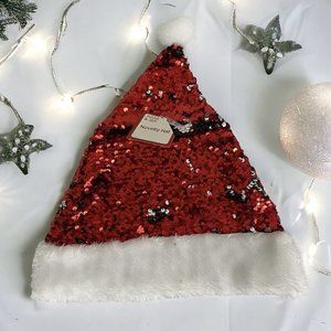 Holiday Style Santa Party Hat Christmas Holiday Fur Pom-Pom Red Sequin NEW